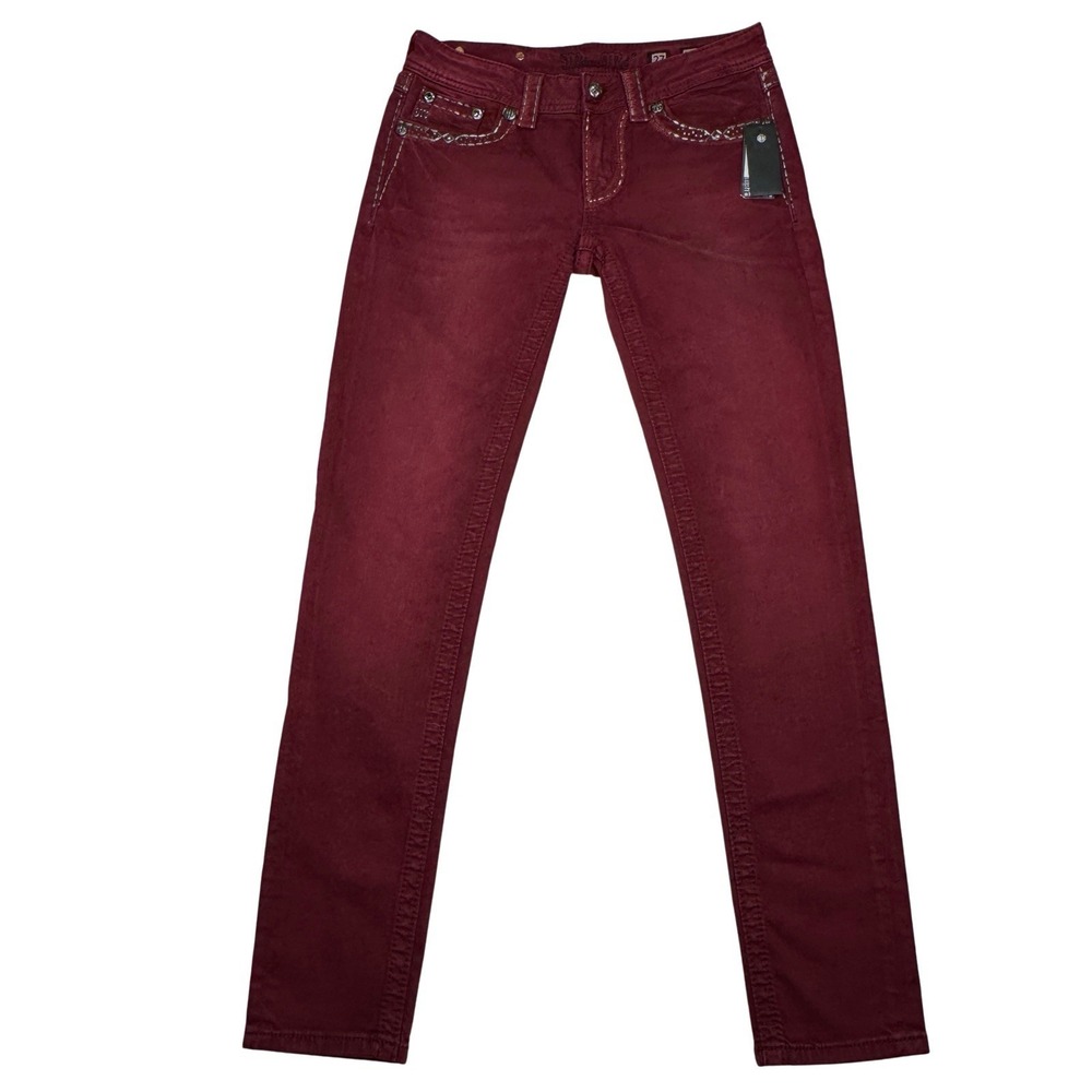 Miss Me Jeans 27 Signature-Rise Skinny Red Cabernet NWT Embellished Stitching